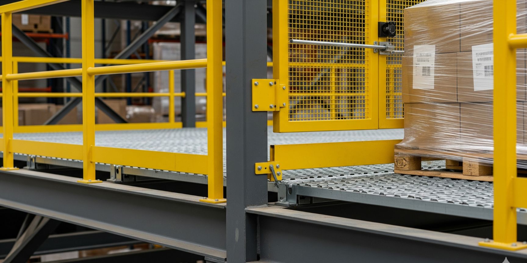 Detail of the construction of a mezzanine level in the warehouse, showing the floor covering, load-bearing steel girders and a yellow safety railing with a pallet transfer station.